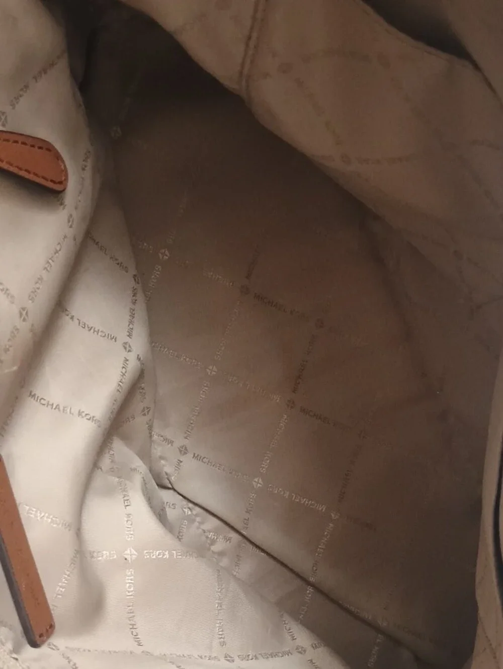 Michael Kors Brown Monogram Dome Satchel with Tan Trim